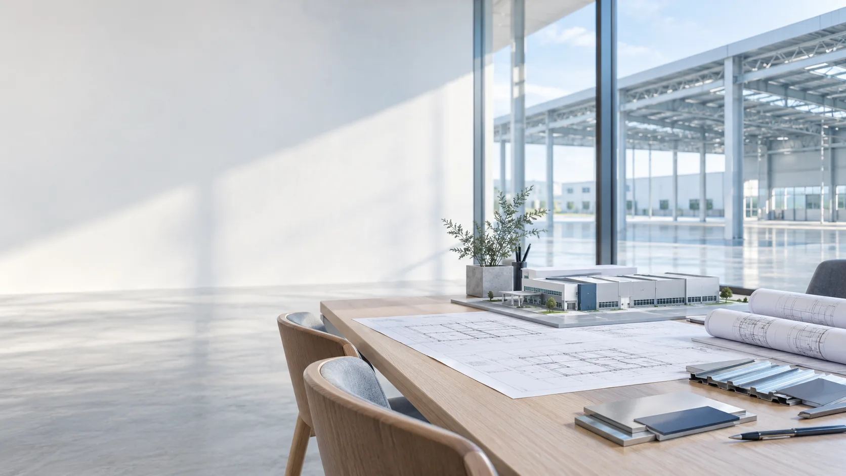 Illustrative facility planning workspace with architectural drawings and an industrial building model.